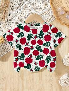 Baby Girl Casual Red Rose Print Short Sleeve Round Neck T-Shirt, Suitable For Summer - Multicolor - View 5
