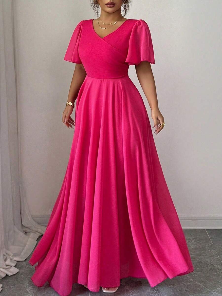 Elenzga Váy chữ A cổ chữ V tay bèo nhún bằng vải voan cỡ lớn dành cho nữ, đơn giản, thanh lịch, lãng mạn, duyên dáng, bồng bềnh - Màu Hồng Tươi - Xem 1