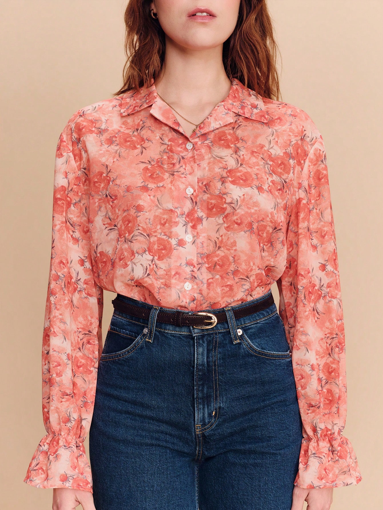 Orange Vintage Floral Printed Blouse With Relaxed Collar, Long Sleeves And Ruffled Cuffs Romantic Business Casual Floral Blouse Summer Shirts Woman Western Shirt For Women Spring Summer French Style Parisian Style