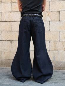 Manfinity EMRG Men's Casual Fashion Street  Solid Color Slant Pocket Flared Jeans, Belt Not Included - Dark Wash - View 2