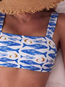 Swim Mod Conjunto de bikini de 2 piezas con parte superior de tirantes y shorts de cintura alta con estampado de color aleatorio para mujer, ideal para vacaciones en la playa - Multicolor 2 - Ver 4