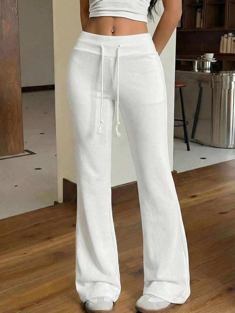 SHEIN EZwear 女士休闲运动抽绳喇叭裤,纯色,百搭日常通勤阔腿运动裤 白色沙滩裤 白色运动裤 喇叭运动裤 抽绳裤 喇叭运动裤 白色运动裤 白色裤子 抽绳运动裤 女士抽绳裤 女士夏季裤 女士运动裤 女士慢跑裤 阔腿裤 女士高腰 - 白色 - 查看 1