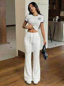 SHEIN EZwear 女士休闲运动抽绳喇叭裤，纯色，百搭日常通勤阔腿运动裤 白色沙滩裤 白色运动裤 喇叭运动裤 抽绳裤 喇叭运动裤 白色运动裤 白色裤子 抽绳运动裤 女士抽绳裤 女士夏季裤 女士运动裤 女士慢跑裤 阔腿裤 女士高腰 - 白色 - 查看 6