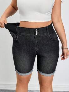 SHEIN CURVE+ 大码水洗高腰修身牛仔短裤，春夏狂欢节服装通勤度假毕业时尚Y2K可爱街头风派对婚礼优雅商务休闲女装高腰黑色牛仔百慕大短裤，带松紧腰带和纽扣细节黑色休闲牛仔短裤，百搭通勤短裤，弹力舒适女式短裤，运动休闲牛仔裤经典卷边牛仔短裤 - 藍色 - 查看 8