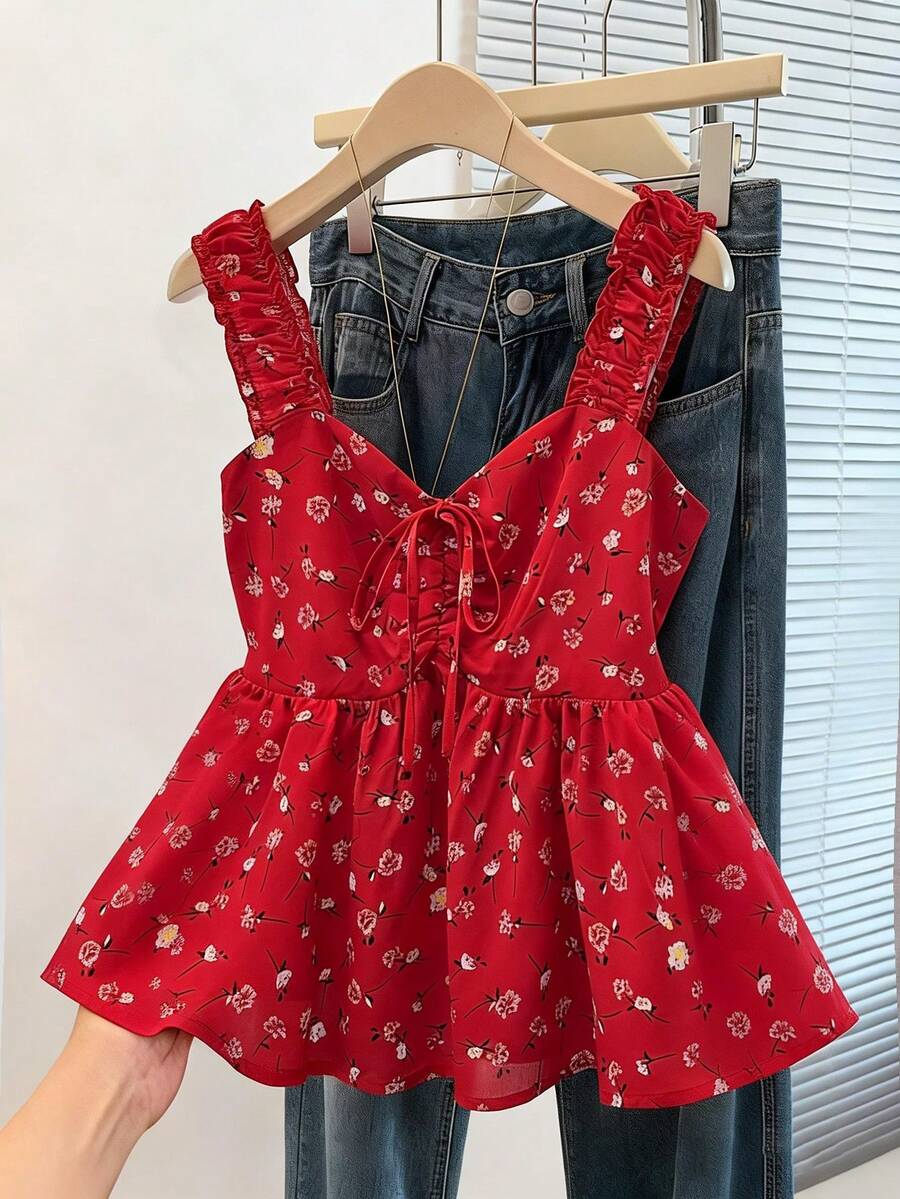 Franclia Áo tank top không tay dáng rộng thắt eo họa tiết hoa nhí ngọt ngào dành cho nữ, áo hai dây họa tiết hoa đỏ mặc hàng ngày, áo hai dây họa tiết hoa nhí đỏ cho mùa lễ hội. - Đỏ - Xem 1