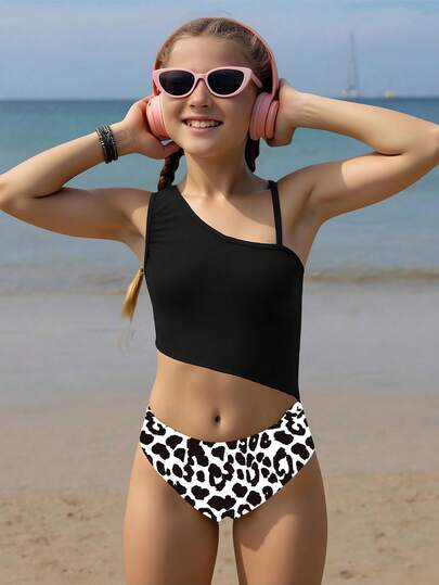 Tween Girl Leopard Print Off-Shoulder One-Piece Swimsuit, Suitable For Beach Vacation, Pool Party, Beach Party