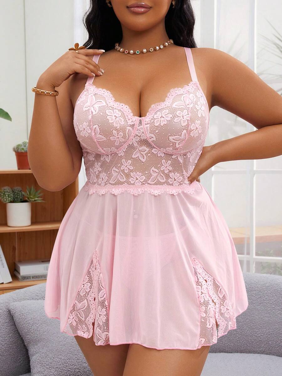 SHEIN Set de 2 piezas lencería talla grande - Camisón con abertura frontal de encaje y malla + tanga - Rosa - Ver 1