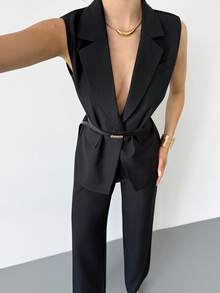 SHEIN Women's Solid Color Lapel NeckVest And Pants Casual Suit Set - Black - View 8