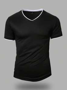 Manfinity Homme Men's V-Neck Casual Versatile Daily Wear Short Sleeve T-Shirt Black V Neck T Shirt Men Fashion Tops Men's V Neck T Shirt Men's Casual T Shirt Short Sleeve T Shirt Men Old Money,Daily Leisure, Weekend Trips, Outdoor Activities, Travel Expeditions, Relaxed Work Environments Or Semi-Formal Occasions, Boyfriend/Husband Gift, Anniversary /Birthday Gift Party Summer Vacation Holiday,Wedding,Spring To Summer - Black - View 4