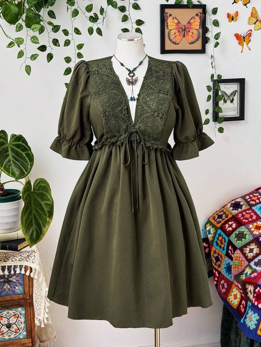Sunspun Plus Size Lace Patchwork Vacation Dress, Spring/Summer - Army Green - View 1