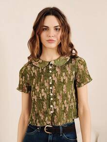 lacRébo Áo croptop tay ngắn màu xanh lá cây, cổ búp bê, kiểu dáng mùa xuân hè, phong cách Pháp, kiểu Paris, áo dễ thương để đi chơi, công sở, kiểu vintage. - màu xanh lá - Xem 5