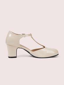 CUCCOO DOLLMOD Women's Shoes Round Toe Apricot Patent Leather T-Word With College Style Mary Jane Afternoon Tea Wear Thick Heel High Heel Shoes - Apricot - View 10