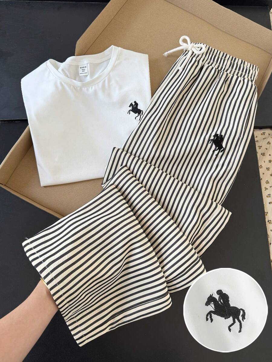 SHEIN 少女春夏时尚针织休闲刺绣马图案修身基础款T恤衫和条纹宽松裤套装 - 黑與白 - 查看 1