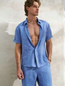 Airaco 男士时尚休闲竹编短袖衬衫套装 - 藍色 - 查看 5