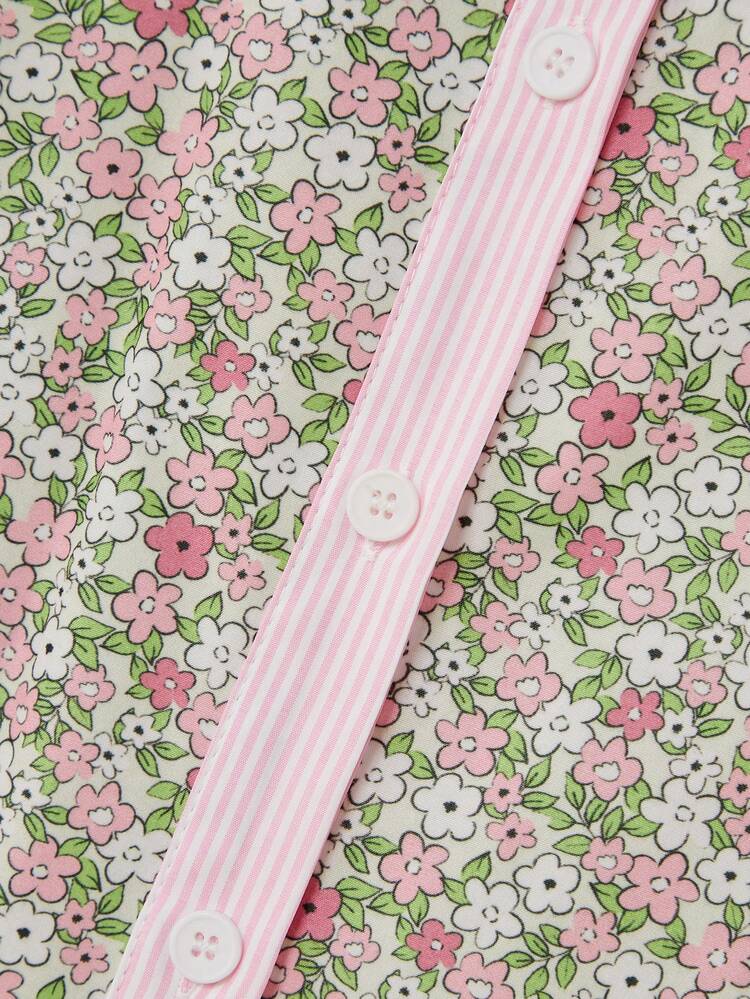 Pink Floral Print Long Sleeve Shirt With Striped Button Placket Vintage Spring Summer Style French Style Parisian Style Floral Shirt Ditsy Floral Top Flower Shirt Floral Blouse Cottagecore Clothes