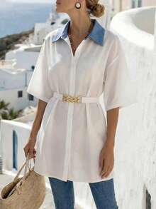 Franclia Blue And White,Summer,Elegant And Classy,School,Back-To-School Denim Collar Short Sleeve Shirt With Metal Gold Chain Belt,Loose Minimalist Style - Blue and White - View 7