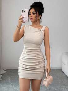 Arcane Artistry Beige,Summer,Elegant,Night Out Ribbed Asymmetrical Oblique Collar Sleeveless Ruched Bodycon Mini Dress For Ladies,Apricot Slim Fit Pleated Dress - Apricot - View 4