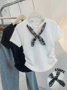 Resyla Women's Scarf Design Crew Neck Casual Pleated T-Shirt - White - View 1