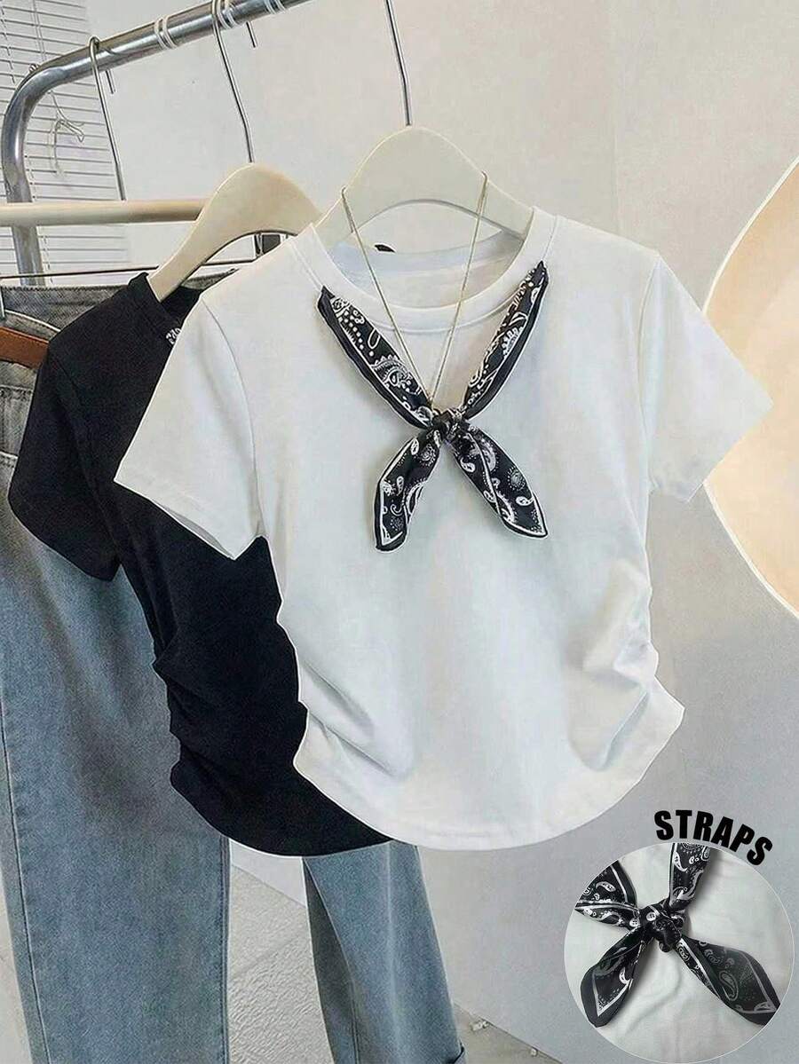 Resyla Women's Scarf Design Crew Neck Casual Pleated T-Shirt - White - View 1