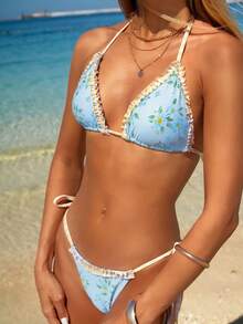 Swim Mod 女士夏季沙滩度假露背印花荷叶边三角侧系带比基尼泳裤 - 彩色 - 查看 6