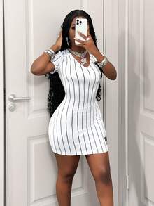 BamGleam Sexy Striped Baseball Dress, V-Neck Single-Breasted Bodycon Mini Skirt With Side Drawstring, Retro Sports Chic Clubwear Party Date Night Dress - Black and White - View 7