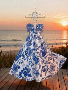 GlowEve Women's Vacation Casual Floral Print Backless Halter Dress - Blue - View 5