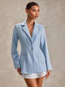EURMUSE Women Gold Button Detailed Regular Fit Blazers - Baby Blue - View 5