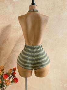 Soleia Women's Vacation Sequin Shiny Leopard Print Knit Textured Deep V Backless Sexy Bodysuit, Fashionable Fitted Romper For Party, Date, Afternoon Tea, Boho Beach Summer Outfit - Multicolor - View 2