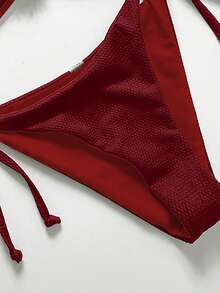 Swim Vcay Women's Solid Color Textured Fabric Metal Decor Backless Tie Sexy Bikini Set, Suitable For Beach & Holiday - Red - View 3
