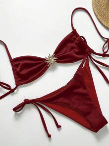 Swim Vcay Women's Solid Color Textured Fabric Metal Decor Backless Tie Sexy Bikini Set, Suitable For Beach & Holiday - Red - View 4