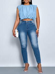SOLERSUN Women's Plus Size Simple Spring Summer Daily Wear Solid Color Ruched Sleeveless Shirt - Baby Blue - View 6