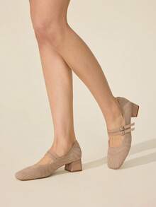 CUCCOO BASICS 女士玛丽珍鞋，圆头，粗跟，米色针织，双搭扣设计，时尚舒适，透气百搭，适合日常通勤 - 杏色 - 查看 6