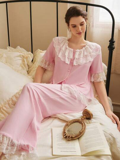 Women Lace Ruffle Trim Button Up Short Sleeve Top And Pants Pajama Set