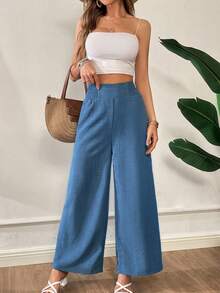 SHEIN Essnce Pantalones de verano para mujer, de rayas, con cordón en la cintura, rectos, sueltos, informales - Azul - Ver 6