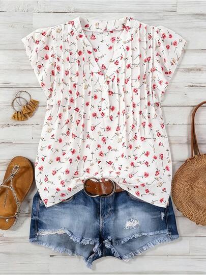 EMERY ROSE Women's White Base Small Ditsy Floral V-Neck Ruffle Sleeve Casual Blouse, Elegant Versatile Countryside Chic Romantic Streetwear Beach Holiday Spring Summer New