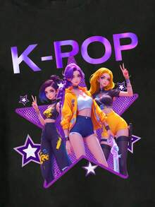 Tween Girls Crew Neck Short Sleeve Creative Cartoon Pattern Casual Summer T-Shirt - Black - View 4