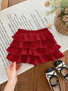 Babygirl Summer Cute Casual Versatile Black Ruffle Elastic Waist Mini Skirt - Red - View 9