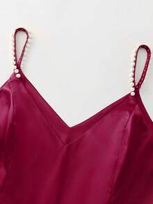 SHEIN Clasi Plus Size Women's Elegant Romantic 3D Pearl Decor Camisole Waist Slimming Short Satin Burgundy Dress, Summer - Burgundy - View 4