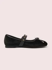 CUCCOO DOLLMOD Soft Bottom Velvet Metal Rivet Decorative Ballet Bow Flat Bottom Casual Mary Jane - Korean velvet black - View 10
