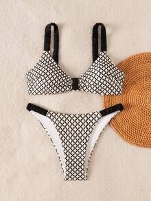 Swim Mod Women's Swimsuit Set, Green Thick Strap High-Cut Bikini Bottoms, Sexy & Sweet, Versatile For Beach Vacation, Spring/Summer, Mesh Fabric - Black - View 5