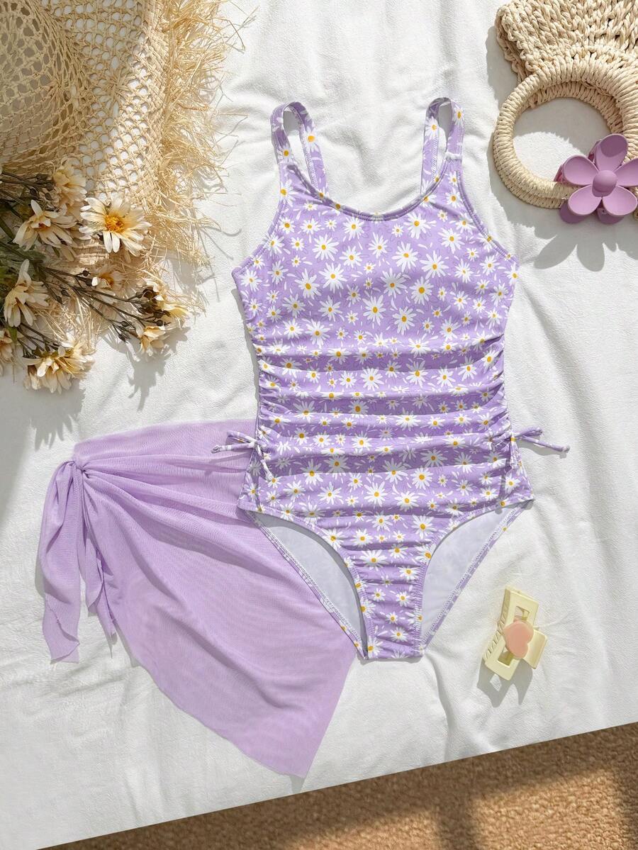 SHEIN 少女连体泳衣,紫色碎花针织面料,侧边蝴蝶结装饰,网纱裙摆。 - 淡紫色 - 查看 1