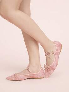 CUCCOO DOLLMOD 女士粉色网纱花朵刺绣时尚双蝴蝶结可爱优雅玛丽珍平底鞋 - 粉色 - 查看 5