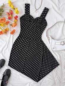 SHEIN 少女针织黑白波点扭结肩带修身迷你连衣裙 - 黑與白 - 查看 2