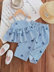 LMoss Kids Baby Girl Cute Summer Bowknot Blue & White Striped Camisole Top And Elastic Waist Pants 2pcs Set - Blue and White - View 1