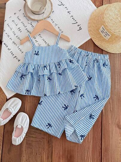 LMoss Kids Baby Girl Cute Summer Bowknot Blue & White Striped Camisole Top And Elastic Waist Pants 2pcs Set