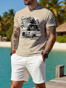 Manfinity RSRT 男士极简印花圆领短袖T恤 - 杏色 - 查看 7