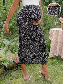 SHEIN Maternity Fitted Floral Print Skirt, Elegant Business Casual Fashionable For Summer - Black - View 1