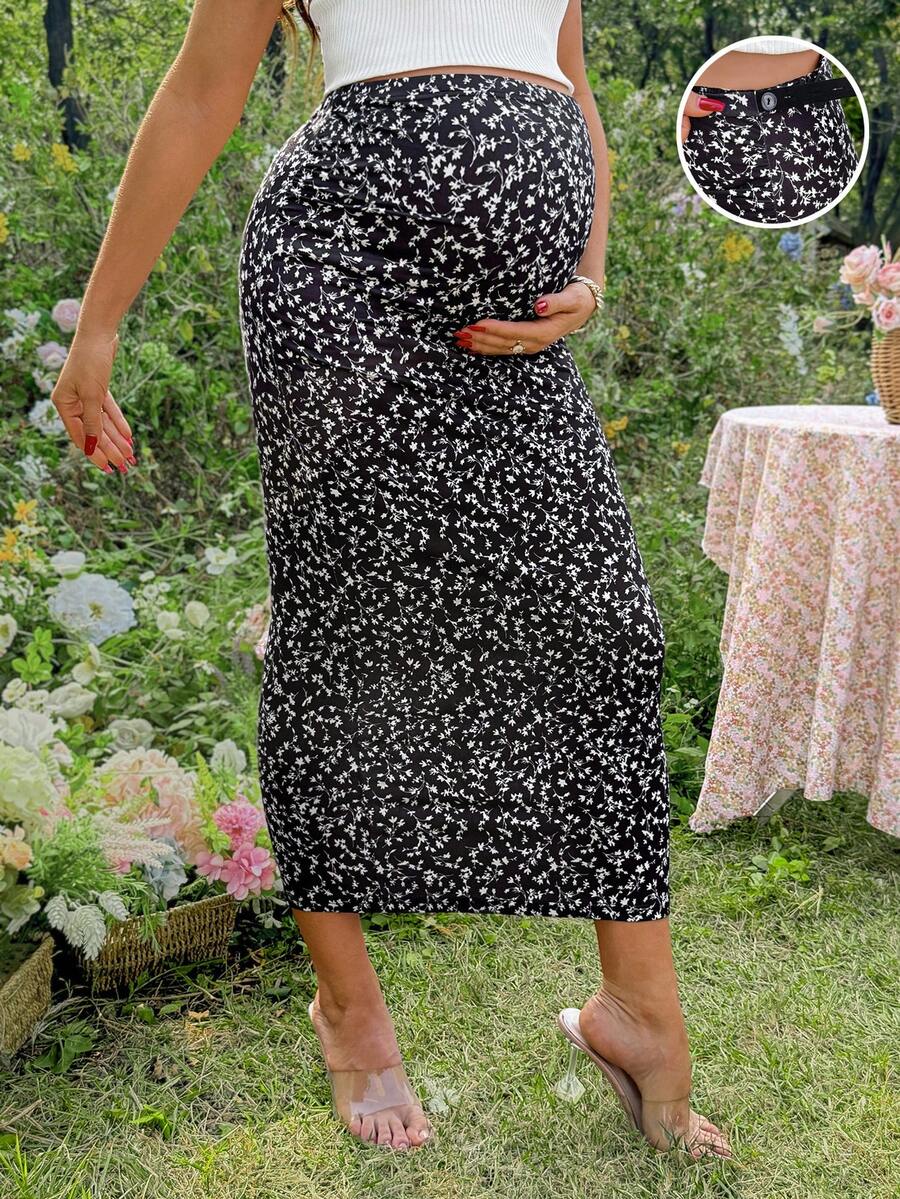 SHEIN Maternity Fitted Floral Print Skirt, Elegant Business Casual Fashionable For Summer - Black - View 1