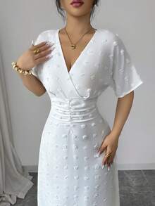 Elenzga Women's Shirred Cinched Waist Jacquard Pom Pom Elegant Romantic Party Casual Beach Wedding Guest Daily Commute White Short Sleeve Dress, Summer - White - View 5