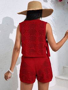 EURMUSE 女士镂空短裤和上衣套装 - 紅色 - 查看 2